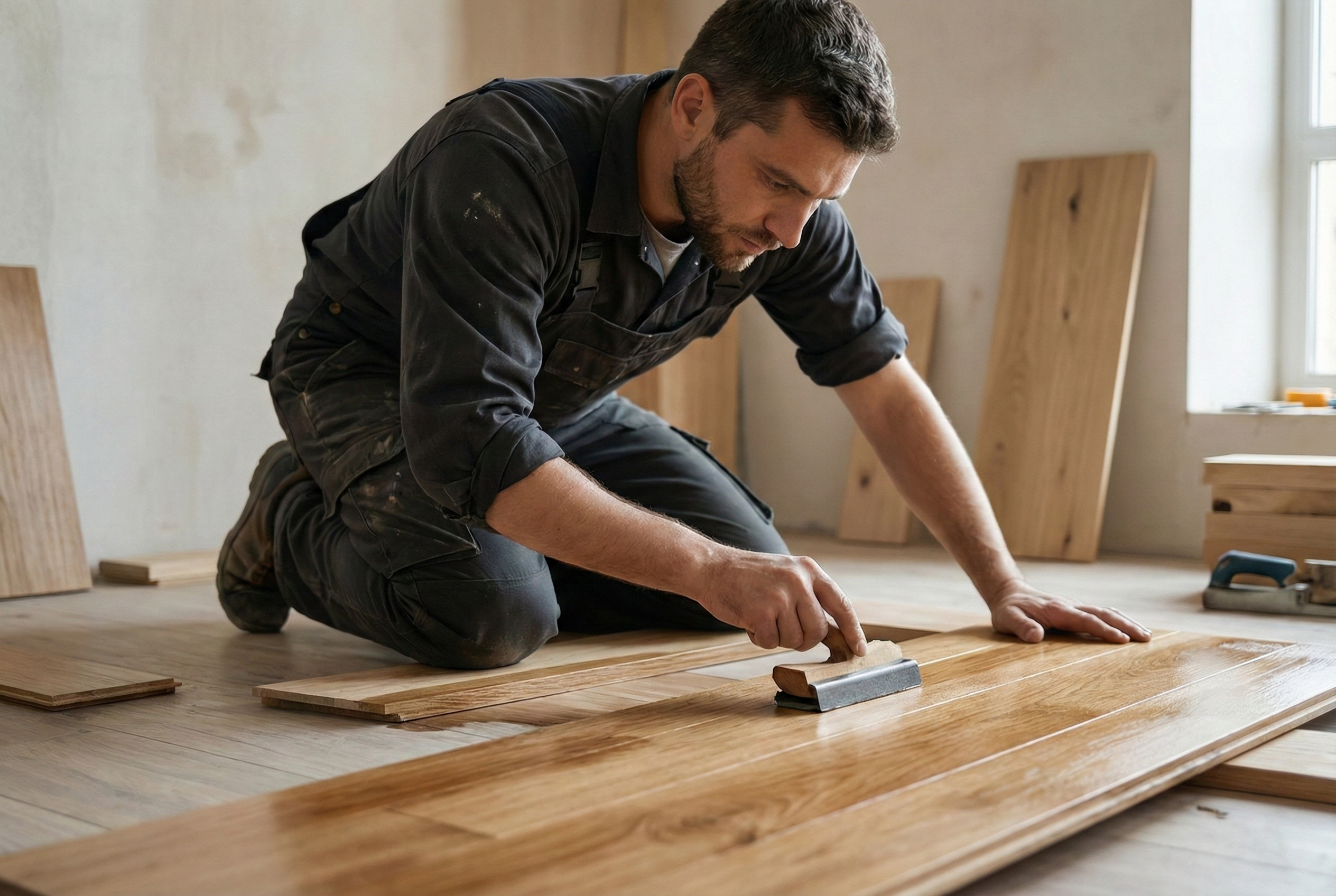 Contractor installing hardwood flooring